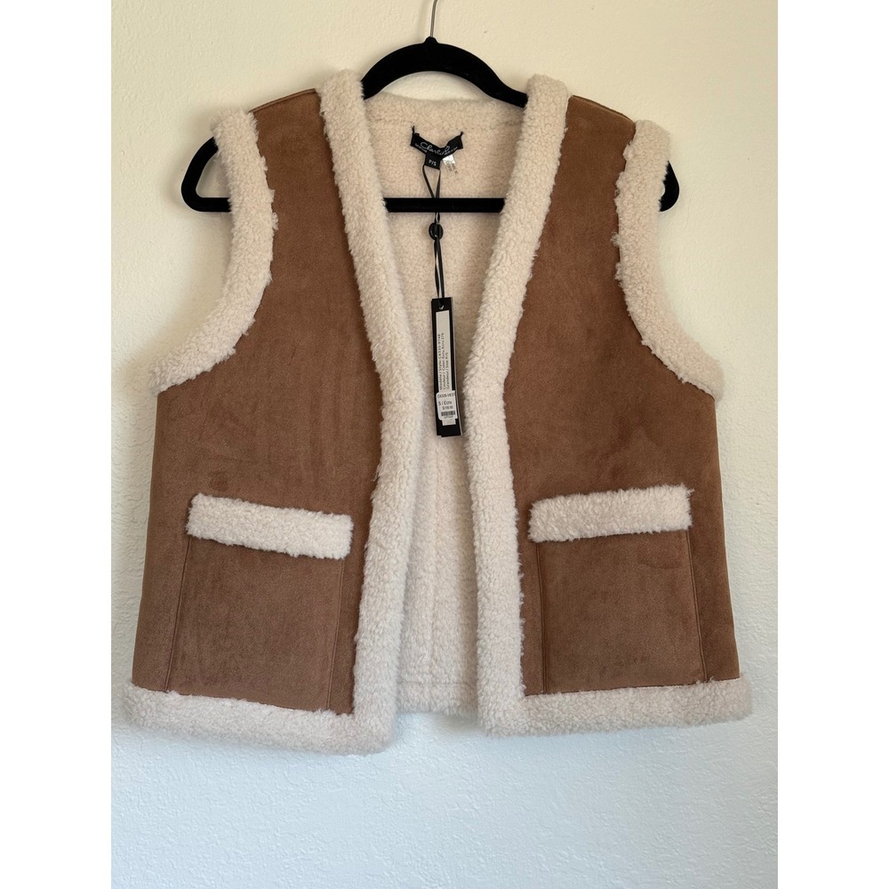 Charlie B Reversible Faux Suede Shearling Vest Ecru Tan C6335-974B Small NWT